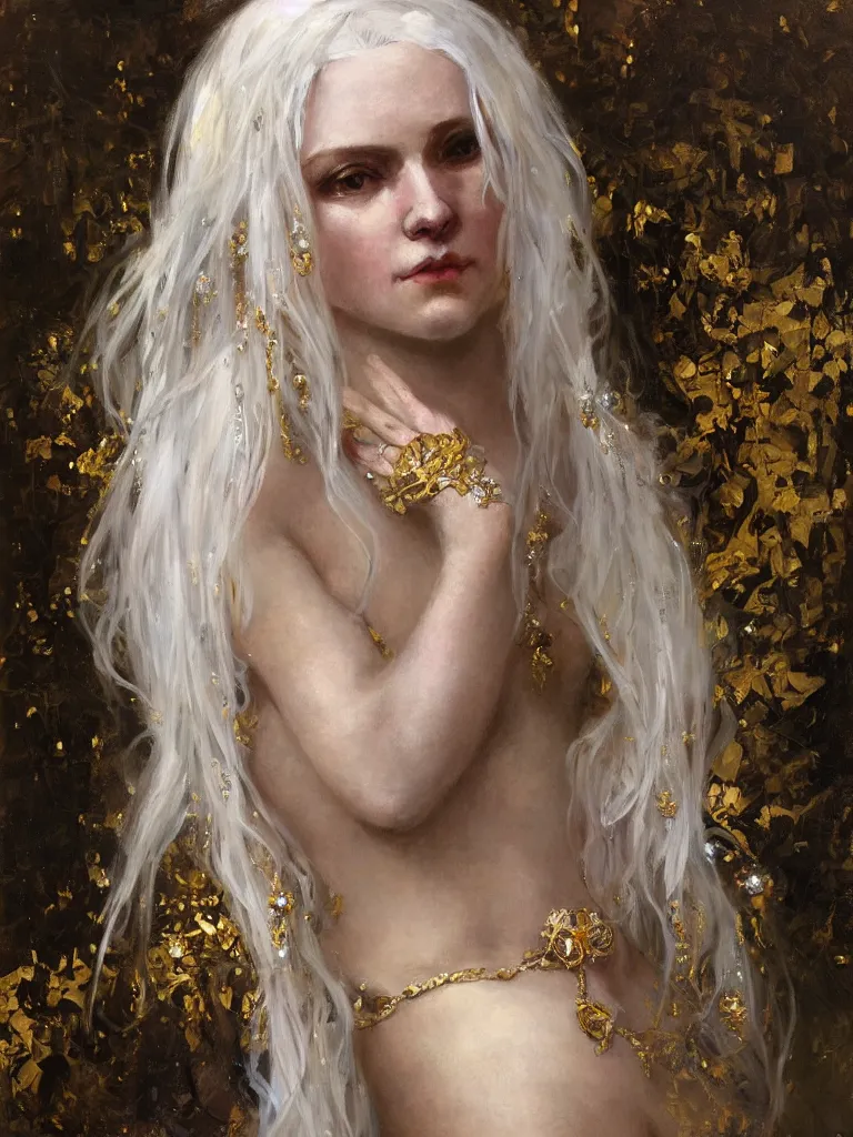 Image similar to a highly detailed beautiful white haired woman, adorned with precious stones and thin gold tendrils, by jeremy mann and alphonse mucha, 8 k resolution, trending on artstation, very very detailed, masterpiece, stunning, intricate,