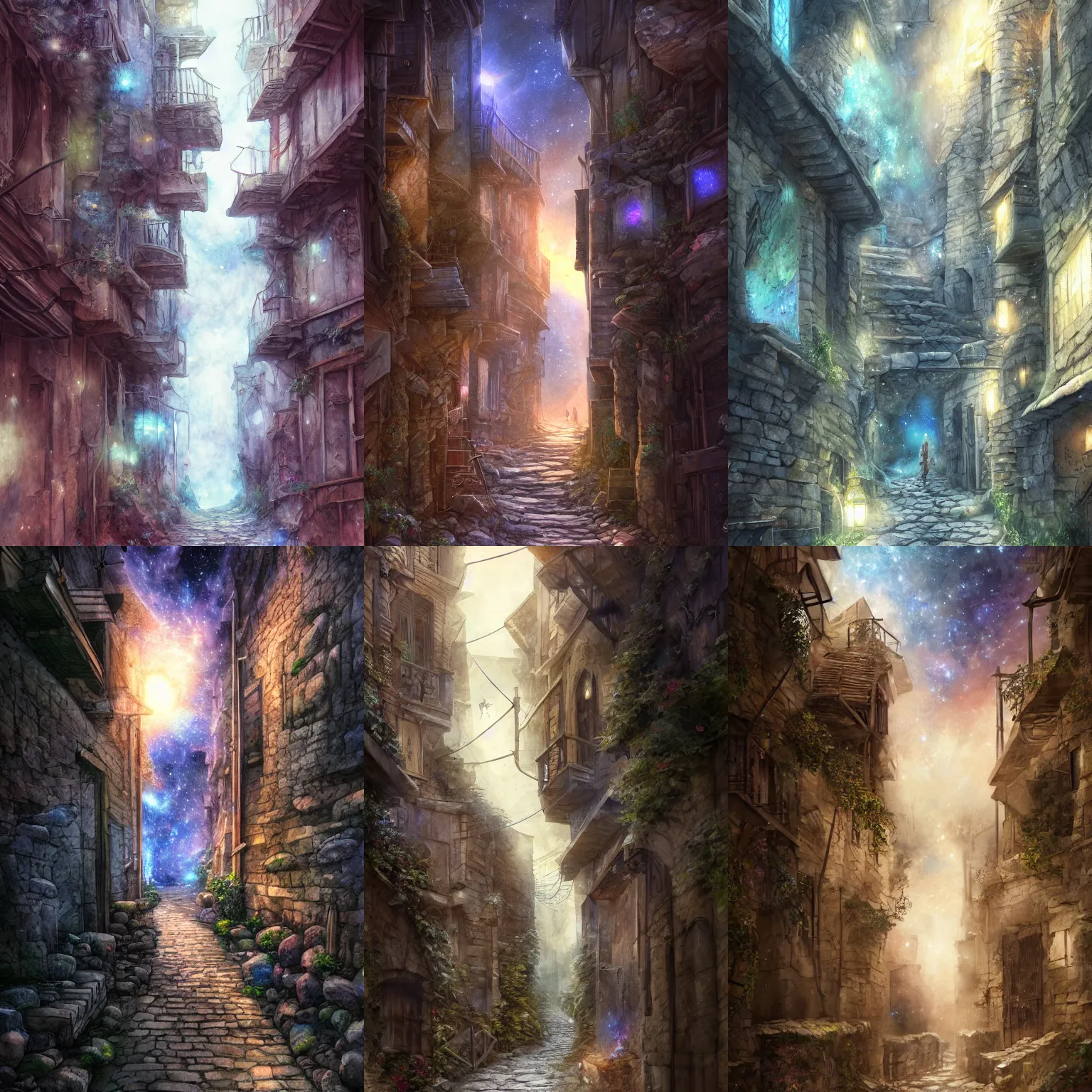 Prompt: a narrow alleyway, stone path is a river of galaxies and stars, diffuse lighting, strong imagery, detailed watercolour, highly detailed 8k, cinematic lighting, HD, high detail, atmospheric, trending on artstation