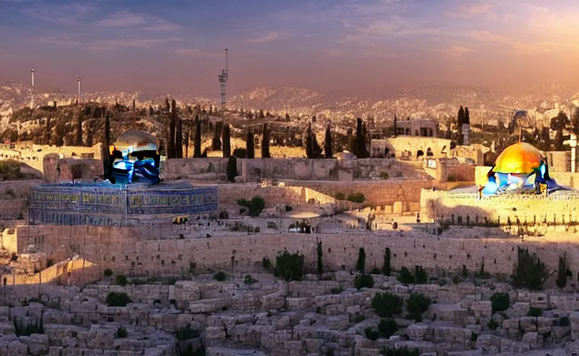 Image similar to a beautiful photo of jerusalem, hyper realistic, natural light, concept art, cozy atmospheric and cinematic lighting