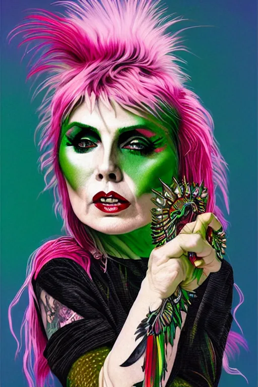 Image similar to portrait of debbie harry as a punk woman with green mohawk, neotraditional tattoos, fishnets, long tartan skirt as phoenix queen, feathers, wings, rainbow clothes,, sci - fi, intricate and very very beautiful and elegant, highly detailed, digital painting, artstation, smooth and sharp focus, illustration, art by tian zi and wlop and alphonse mucha