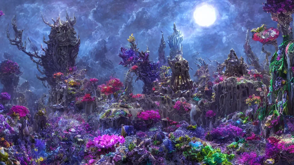 Image similar to a centered render of intricate modular synthesizer of dargon, shining its light across a tumultuous sea of flowers, undersea animals and one gothic crystal temple by dorothea tanning and salvador dali, trending on artstation, cyber punk, soft color, unreal engine, high detailed, 8 k