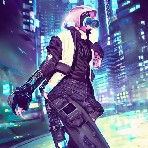 Prompt: symmetrical, full body portrait of a cyberpunk teenage girl on a futuristic skateboard holding a parcel under one arm and a magnetic harpoon in her opposite hand, grinning slyly, City lighting, depth of field, photography, saturated colors, highly detailed, by Dustin Nguyen, Akihiko Yoshida, Greg Tocchini, Greg Rutkowski, Cliff Chiang, 4k resolution