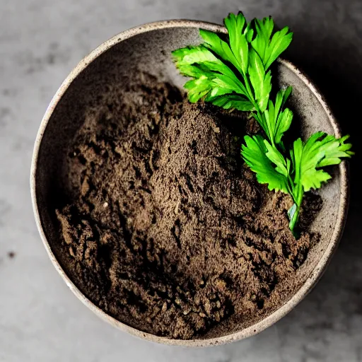 Prompt: a bowl filled with a pile of dirt, garnished with a parsley leaf, food photography, dslr