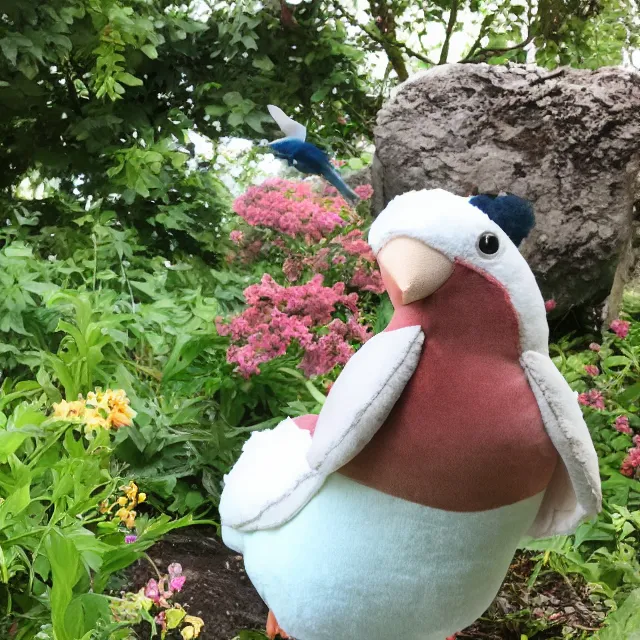 Image similar to took my birb plushie to the botanical garden for a photoshoot!