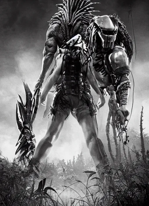 Image similar to movie film poster art for hiroyuki sanada vs predator. in the style of ansel adams, frank frazzetta, realistic, detailed, octane