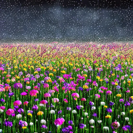 Prompt: puzzle pieces rain from the sky at a field of flowers. octane render, 8k.