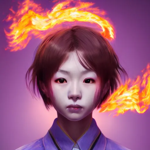 Prompt: Portrait of a Japanese schoolgirl with short hair and lilac eyes causing flames in a moment of rage, hyperdetailed, artstation trending, world renowned artists, cgsociety, by Boris Valejjo, Deviantart