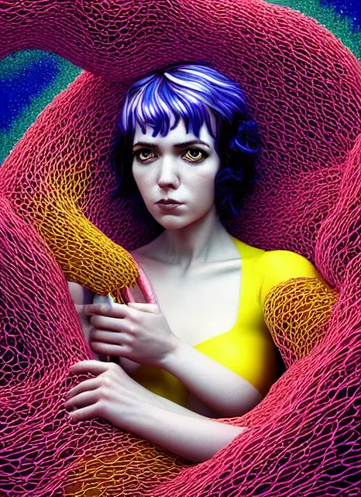 Prompt: hyper detailed 3d render like a Oil painting - Ramona Flowers with wavy black hair wearing thick mascara seen out Eating of the Strangling Choking Suffocating network of colorful yellowcake and aerochrome and milky and Her staring intensely delicate Hands hold of gossamer polyp blossoms bring iridescent fungal flowers whose spores black the foolish stars by Jacek Yerka, Mariusz Lewandowski, silly playful fun face, Houdini algorithmic generative render, Abstract brush strokes, Masterpiece, Edward Hopper and James Gilleard, Zdzislaw Beksinski, Mark Ryden, Wolfgang Lettl, Dan Hiller, hints of Yayoi Kasuma, octane render, 8k