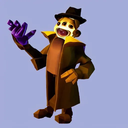 Image similar to screenshot of a humanoid inspector badger with a brown trenchcoat as an npc in spyro the dragon video game, with low poly playstation 1 graphics, upscaled to high resolution