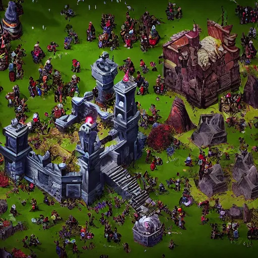 Image similar to Evil mage is standing on top of his tower, raising hands up high and leading his horde of zombies to outer lands. Isometric, high angle, big scale battle map. Highly detailed digital art, unreal engine.