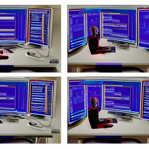 Prompt: a human/computer system, a side-view of a person sitting on their desk programming by Alex Grey, highly detailed, 8K