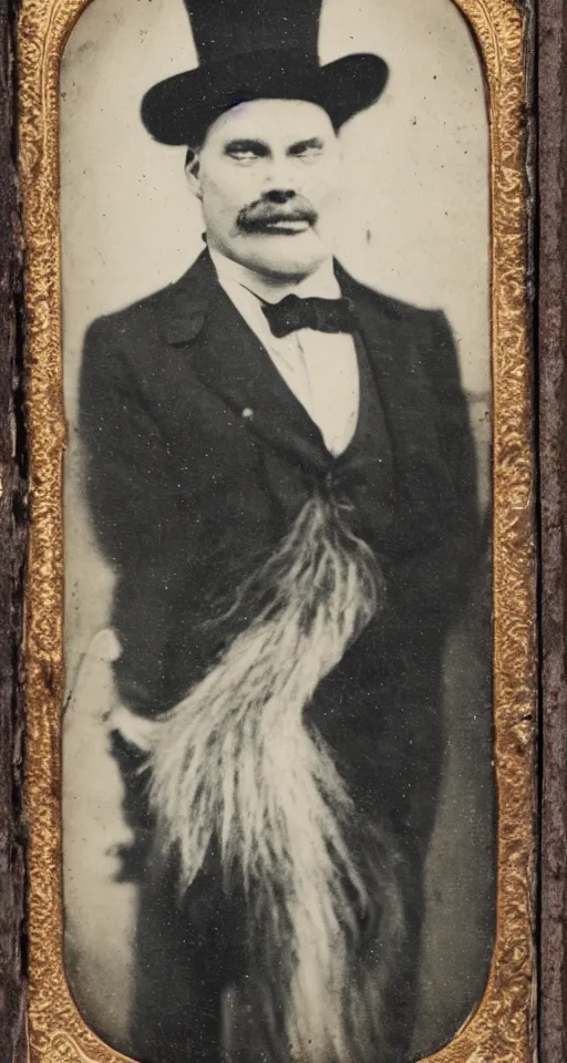 Image similar to a vintage tintype portrait of a dignified bigfoot wearing a top hat and carrying a cane