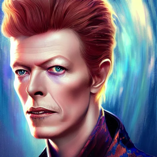 Image similar to portrait of David Bowie, fantasy, intricate, elegant, highly detailed, digital painting, artstation, concept art, smooth, sharp focus, illustration, art by artgerm and greg rutkowski and alphonse mucha