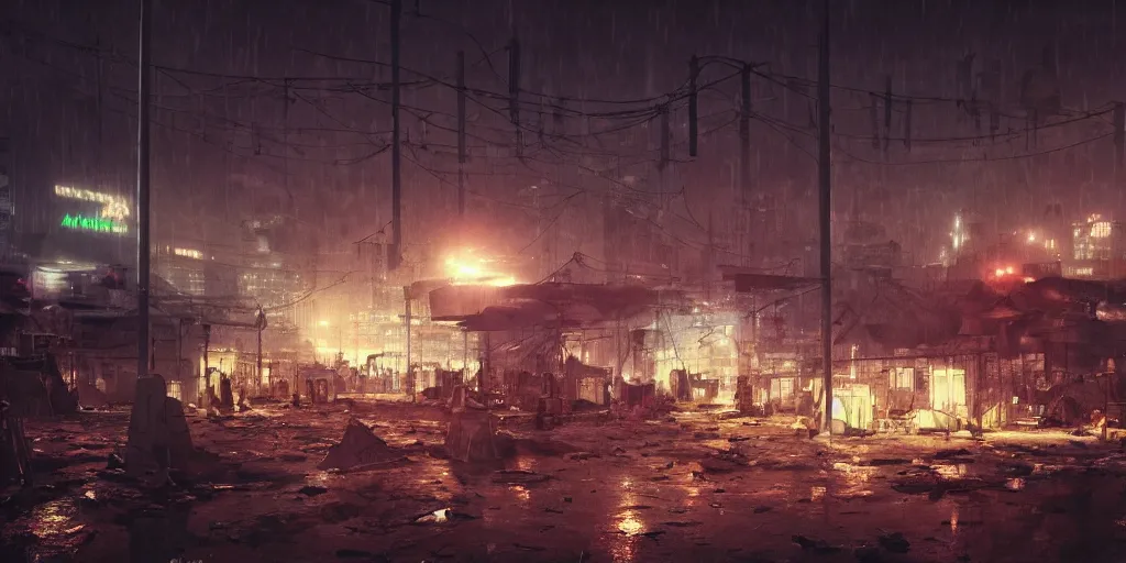 Prompt: dystopian city with endless refugees tents on different heights of huge ruined buildings, neon lights, sci - fi, night lights, rain and haze, concept art, intricate, photorealistic, in the style of katsuhiro otomo, akira, octane render, rtx, hdr, unreal engine