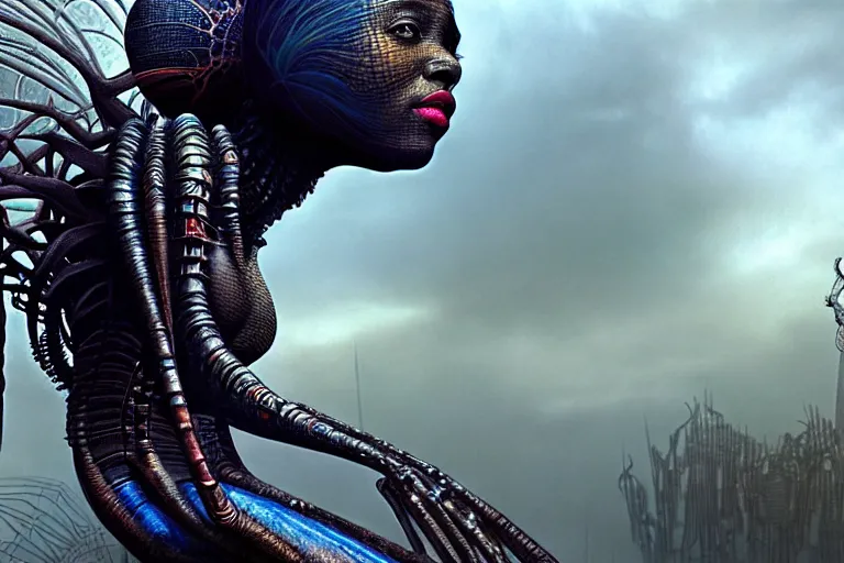 Image similar to realistic detailed closeup portrait movie shot of a beautiful black woman riding a giant spider, dystopian city landscape background by denis villeneuve, amano, yves tanguy, alphonse mucha, max ernst, ernst haeckel, edward robert hughes, roger dean, cyber necklace, rich moody colours, sci fi patterns, wide angle