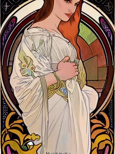 Prompt: a beautiful painting of natalie portman by Alphonse Mucha and by joe quesada, Art Nouveau, Neo-Gothic, gothic, award winning painting, hyperdetailed, detailed