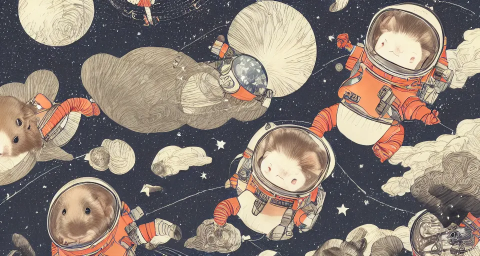Image similar to back view of baby guineapigs on the cover of vogue magazine flying in space suits, deep dark universe, twinkling and spiral nubela, warmhole, beautiful stars, 4 k, 8 k, by hokusai, samurai man vagabond, detailed, editorial illustration, matte print, concept art, ink style, sketch, digital 2 d