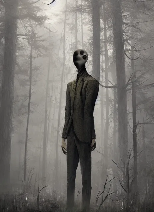 Image similar to a creepy portrait of slenderman. forest. night. character design by cory loftis, fenghua zhong, ryohei hase, ismail inceoglu and ruan jia. volumetric light, detailed, rendered in octane