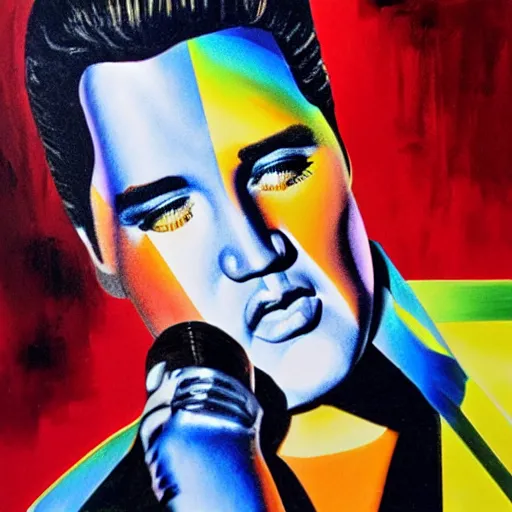 Prompt: elvis presley performing in a jumpsuit, art by alessandro pautasso, rainbow geometric face, fractal, paint splash beautiful