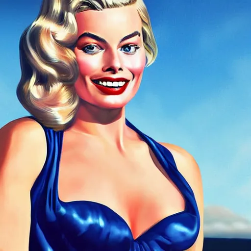 Prompt: Margot Robbie as a pinup girl, digital art, hyperrealistic