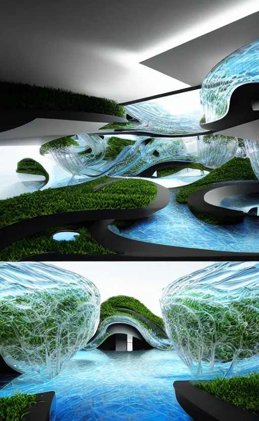 Prompt: villa parametric rhizomorph architecture fluid design, vincent callebaut well - defined style, ultra detailed, monochromatic, natural lighting, volumetric lighting, generative art nebula, cinematic, photo realistic, hyper real, surreal design, flow everywhere, walls made of crystal clear water, droplets on the walls, black metal, magnesium, 8 k,