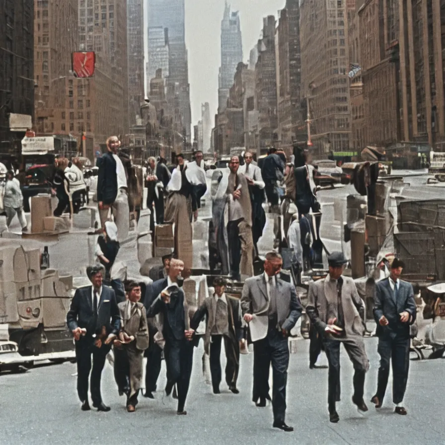 Image similar to a group of men walking down a street next to tall buildings in new york, ultra detailed hyper realistic lifelike, photographed on colour film, 1 9 6 0 s, photo taken with ektachrome, featured on flickr, film grain