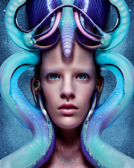 Image similar to natural light, soft focus portrait of a cyberpunk anthropomorphic squid with soft synthetic pink skin, blue bioluminescent plastics, smooth shiny metal, elaborate ornate head piece, piercings, skin textures, by annie leibovitz, paul lehr