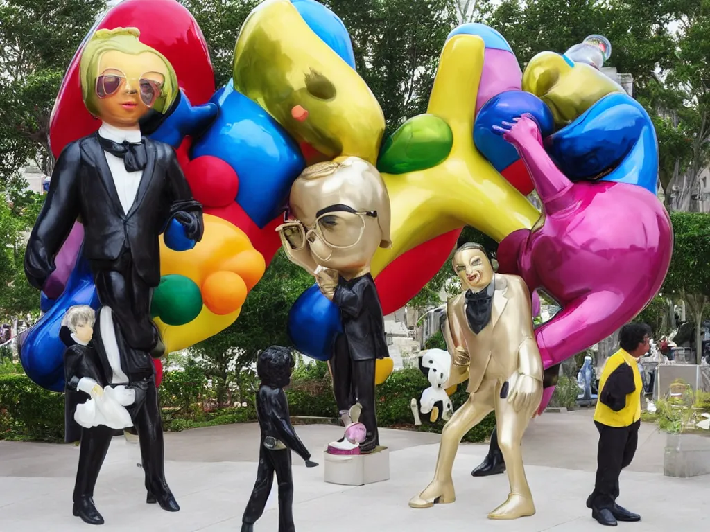 Prompt: Jeff Koon’s Michael Jackson and Bubbles statue, painted by Botero