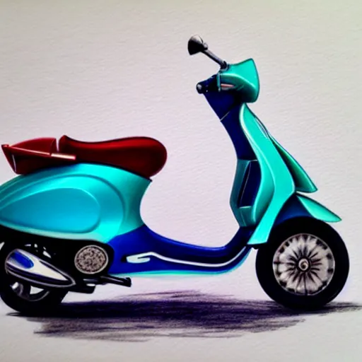 Image similar to hyper realistic pencil drawing of a turquoise vespa moped, water color, detailed, rim light, diffused, intricate, by anna dittmann,