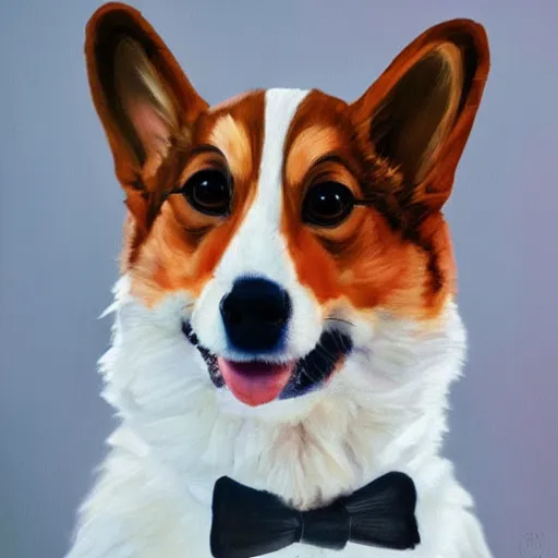 Image similar to oil painting, a developer corgi in a suit, intricate, masterpiece, artstation, stunning