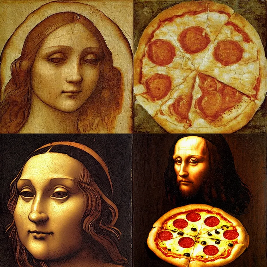Prompt: Leonardo Da Vinci painting of a Pizza Magaritha