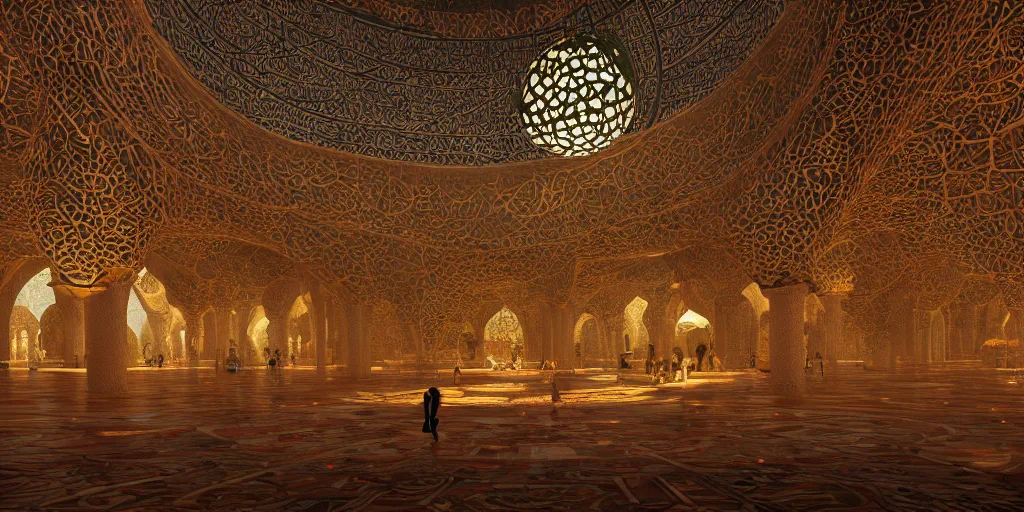 Prompt: Photorealistic mosque in giant glowing mushroom underworld, with great domes and arches, people and androids wearing traditional japanese clothing. Hyperdetailed photorealism, UHD, amazing depth, glowing rich colors, golden ration, 3D octane cycle unreal engine 5, 3d shading, cinematic lighting, artstation concept art