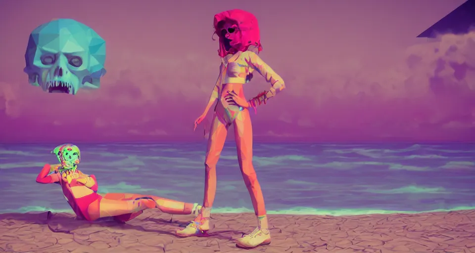 Prompt: fullbody vaporwave art of a fashionable zombie girl at a beach, early 90s cg, 3d render, 80s outrun, low poly, from Hotline Miami, Beksinski, super mario 64
