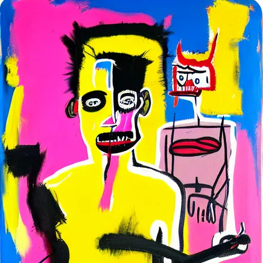 Image similar to A mirror selfie of a handsome muscular man with white angel wings and black devil horns holding an iPhone, pitchfork, full body, pink background, abstract jean-Michel Basquiat oil painting with thick paint strokes, oil on canvas, detailed