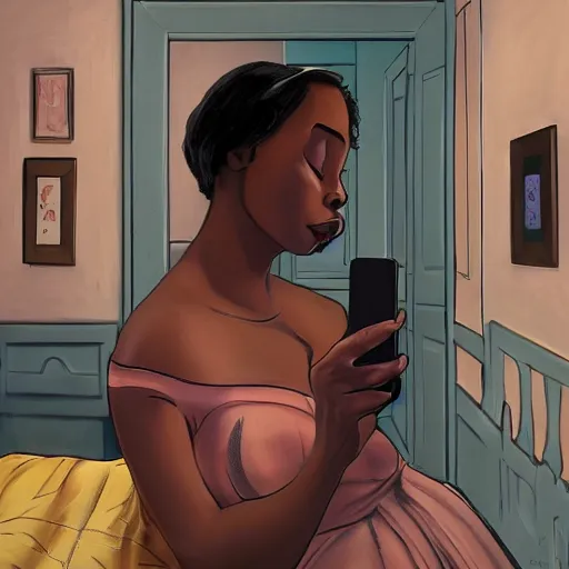 Image similar to stunning, coherent, beautiful painting, still of a creepy man following a beautiful black bbw woman into her bedroom , she is taking a selfie of the creepy man is following her, 3d, in the style of pixar, comic book style, 3d, highly detailed, highly detailed, sharp focus, bokeh, depth of field, 16k resolution, Unreal Engine 5, coherent, cinematic lighting, photorealistic, by Zhang Jingna