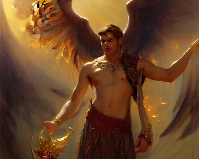 Image similar to attractive male deity, casting demonic magic, summoning handsome lucifer morning star. highly detailed painting by gaston bussiere, craig mullins, j. c. leyendecker 8 k