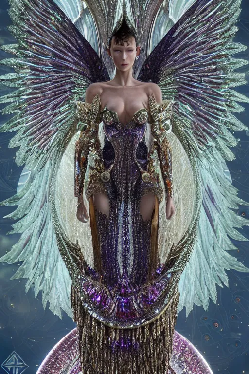 Image similar to a highly detailed metahuman 4 k close up render of an alien goddess bella hadid as sixwinged seraphim in iris van herpen dress schiaparelli in diamonds crystals swarovski and jewelry in style of alphonse mucha gustav klimt trending on artstation made in unreal engine 4