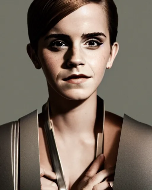 Image similar to emma watson wearing a futuristic metal kimono, half body portrait, greg kutkowski, sharp details, subsurface scattering, pale skin, warm lighting