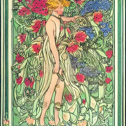 Image similar to a floral fantasy illustration by walter crane