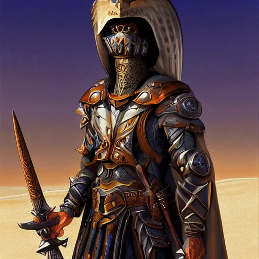 Prompt: a paladin in the desert, stern face, dungeons and dragons, digital painting by Gerald Brom, highly detailed