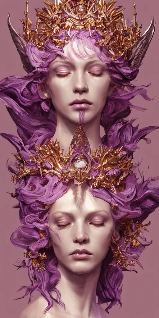 Image similar to female angel queen head wearing shiny pink crown, subtle purple accents, hyper details, black metal rococo, sculpted by Alex Alice, Craig Mullins, yoji shinkawa, trending on artstation, beautifully lit, Peter mohrbacher, hyper detailed, elite, elegant, luxury, ray of light through smoke, CGsociety, hypermaximalist, golden ratio, neofuture, volumetric, octane render, weta digital, micro details, 3d sculpture