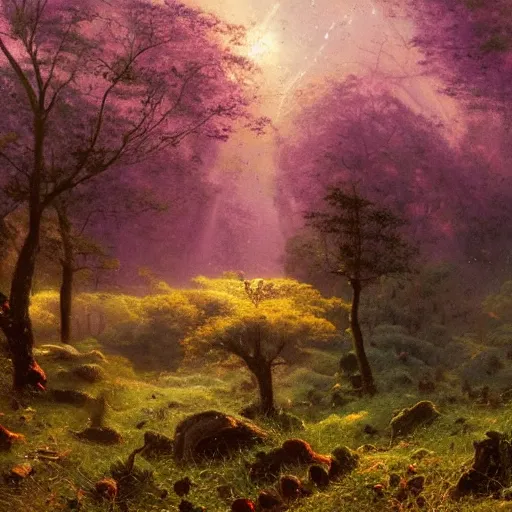 Image similar to A lovely picture of an alien landscape with mycelium aliens by John Berkey, by George Inness, by john Harris, forest made out of mushroom, purple and red and white gradient colour theme, trending on DeviantArt, rendered in blender, 8k resolution, Mountains, no green