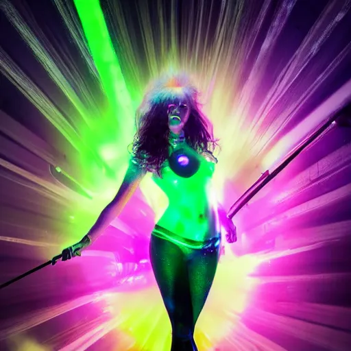 Image similar to full body pose, hyperrealistic photograph of a beautiful rave woman, glowsticks, dim volumetric lighting, 8 k, octane beautifully detailed render, extremely hyper detailed, intricate, epic composition, cinematic lighting, masterpiece, trending on artstation, very very detailed, stunning, hdr, smooth, sharp focus, high resolution, award, winning photo, dslr, 5 0 mm