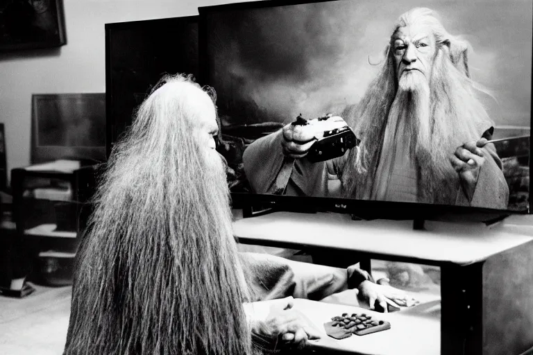 Prompt: gandalf intensely focused playing video games, photo by annie leibovitz