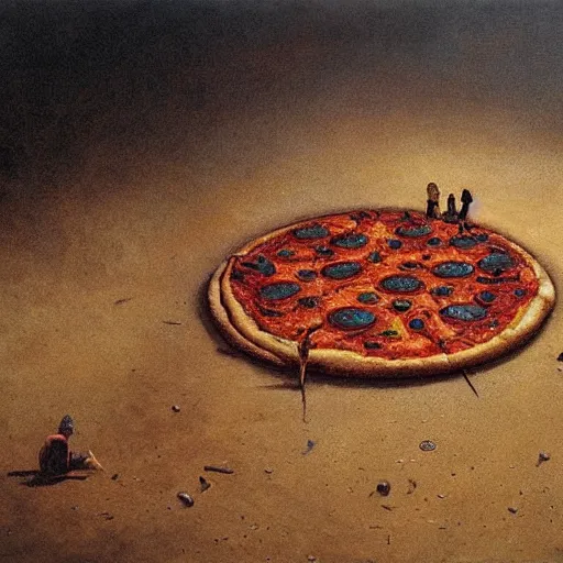 Image similar to pizza on the ground painted by beksinski, oil painting, high detail, moody, atmospheric light, 8 k, colorful