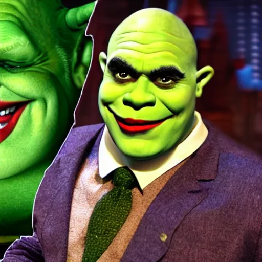 Image similar to shrek as the joker from the new batman film