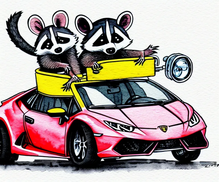 Image similar to cute and funny, racoon wearing a helmet riding in a tiny 2 0 2 0 lamborghini huracan sto, ratfink style by ed roth, centered award winning watercolor pen illustration, isometric illustration by chihiro iwasaki, edited by range murata