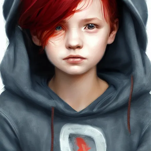 Image similar to a cute tiny girl with short red hair wearing a hoodie, digital art, very beautiful face, pretty face, very detailed eyes, full body illustration, 8 k resolution, soft painting, by greg rutkowski, wlop, rossdraws,