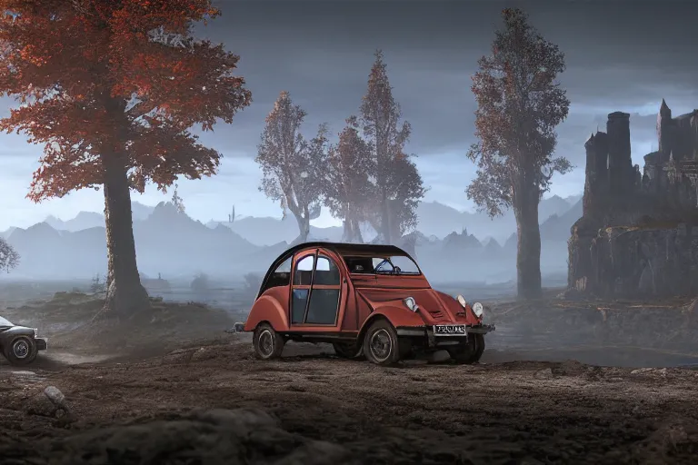 Image similar to offroad citroen 2 cv ( 1 9 6 5 ) driving across the rift, daedric longsword attached to the side, leather and cloth traveller bags on roof, riften city in the background, epic fantasy, autumn, the elder scrolls v : skyrim, dramatic lighting, establishing shot, by simon stalenhag