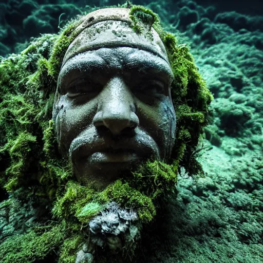 Image similar to Award-winning photograph by Mar Mann. The photo depicts a decaying roman bust of Tim Maia overgrown with moss at the bottom of the sea in the middle of ruins of civilization. Minimalism, high definition, perfect composition. Deep sea picture. Very dark. Volumetric Lighting. Fish. Darkness. Ruins
